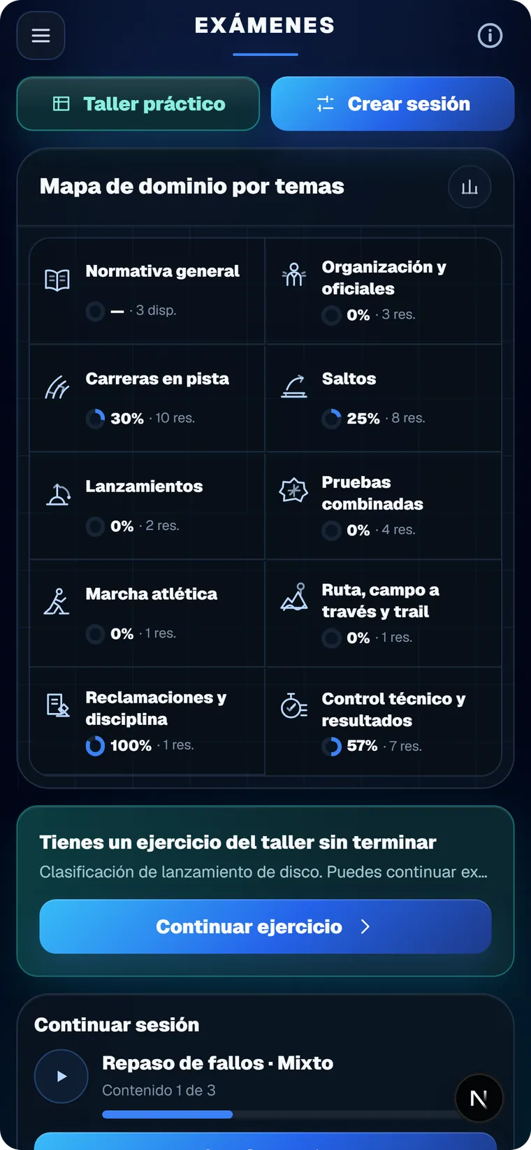 Panel de exámenes real de JuezIA Atletismo en móvil